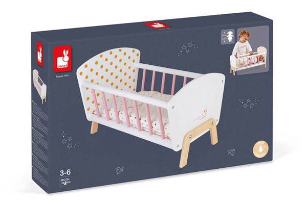 Houten poppenbedje met gouden stippen